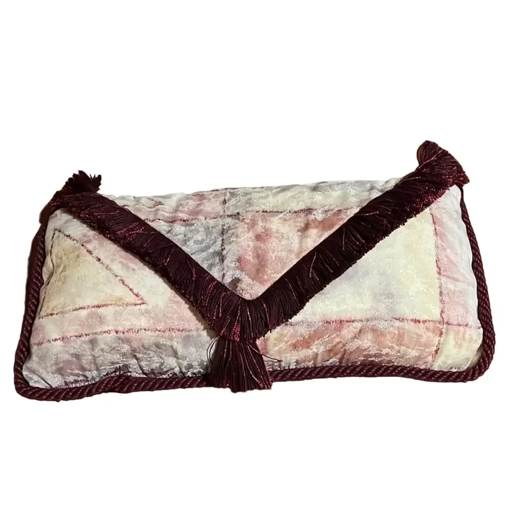 Beige & Burgundy Brocade Envelope Throw Pillow with Fringe Handmade
